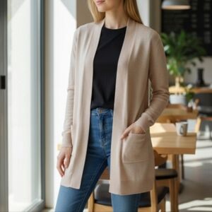 Theory Beige Cotton Cashmere Blend Open Long Cardigan Minimalist Offfice Small